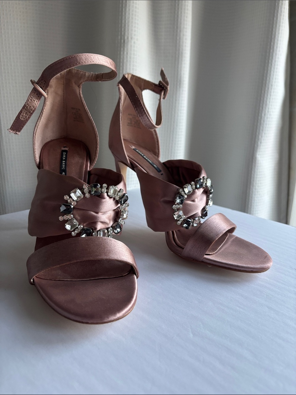 Satin Embellished Ankle-Strap Heels in Dusty Rose